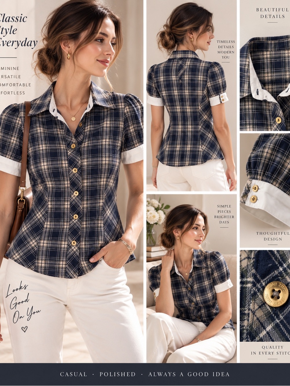 Navy Plaid Puff Sleeve Button Down Blouse Gold Buttons